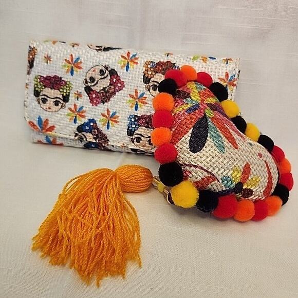 Frida Kahlo Handbags - Frida Kahlo Mexican Woven Tri-Fold Mirror Wallet With Fringed Heart Southwest